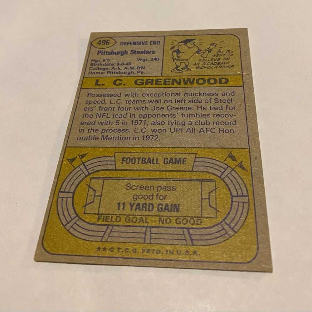 L.C. Greenwood 1974 Topps Football Card #496 Pittsburgh Steelers Vintage